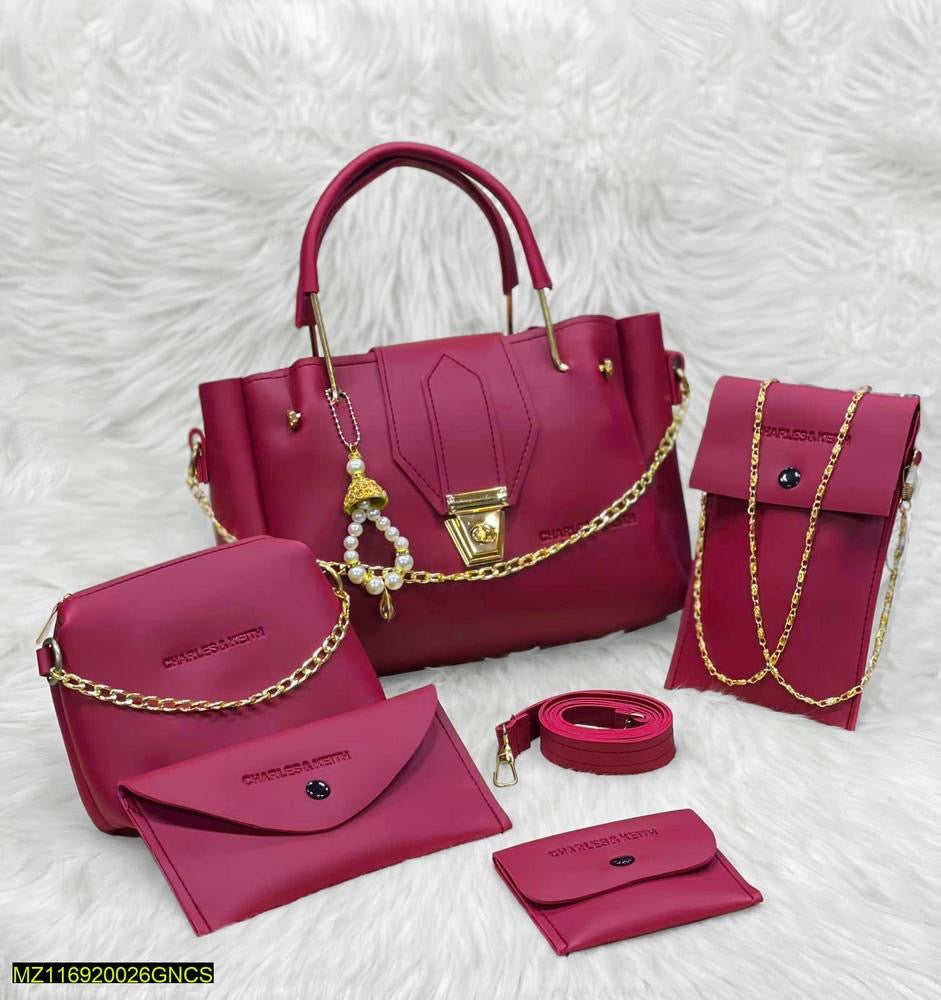 5 Pcs Women's PU Leather Plain Hand Bag Set