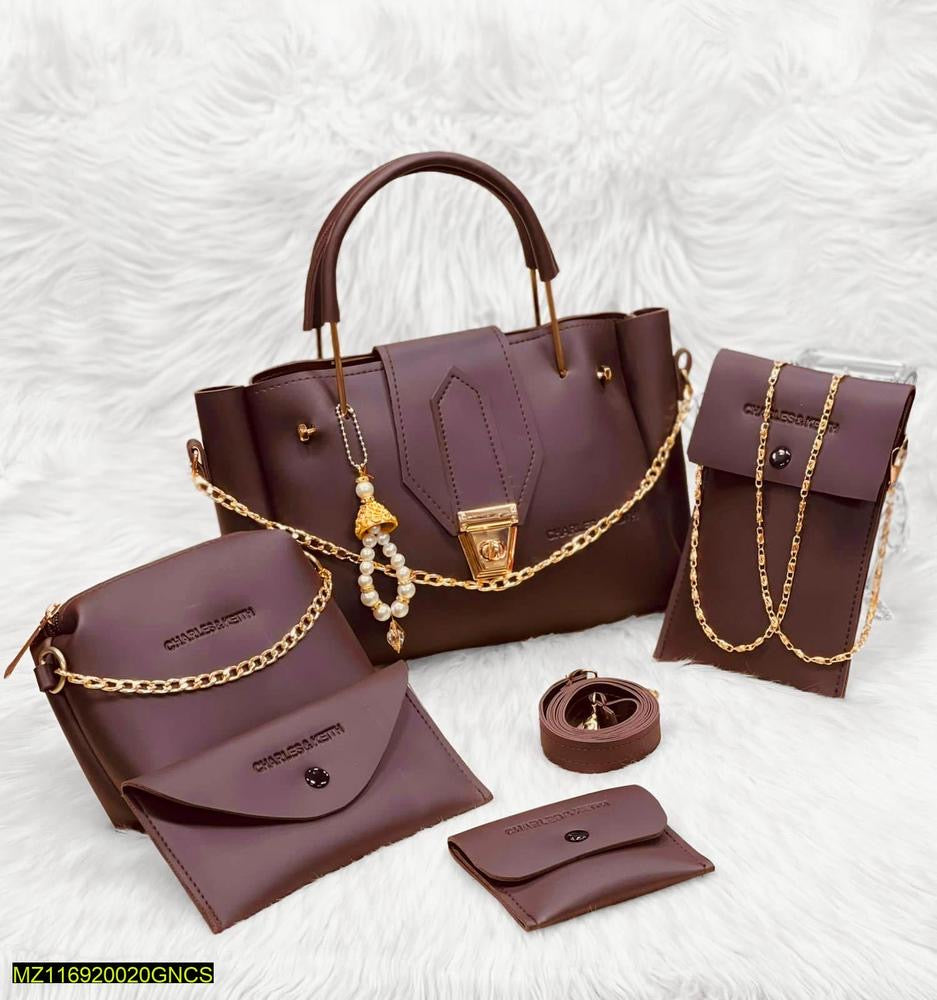 5 Pcs Women's PU Leather Plain Hand Bag Set