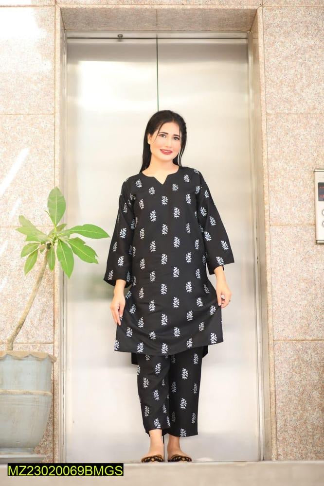 2 Pcs Women's Stitched Linen Block Printed
Shirt And Trouser