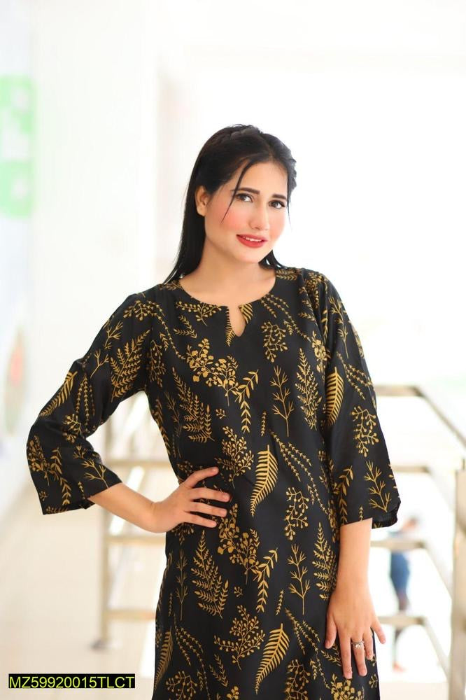 2 Pcs Women's Stitched Linen Block Printed
Shirt And Trouser