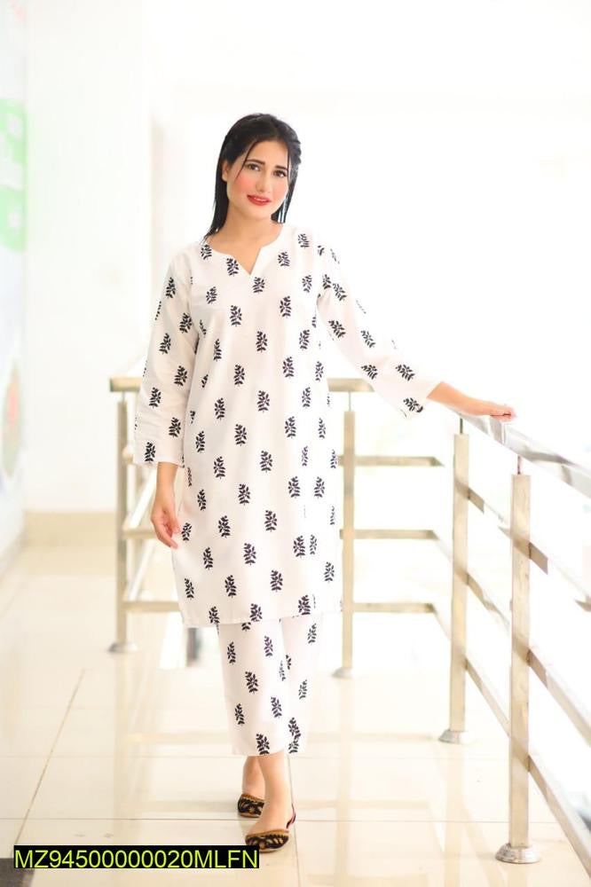 2 Pcs Women's Stitched Linen Block Printed
Shirt And Trouser