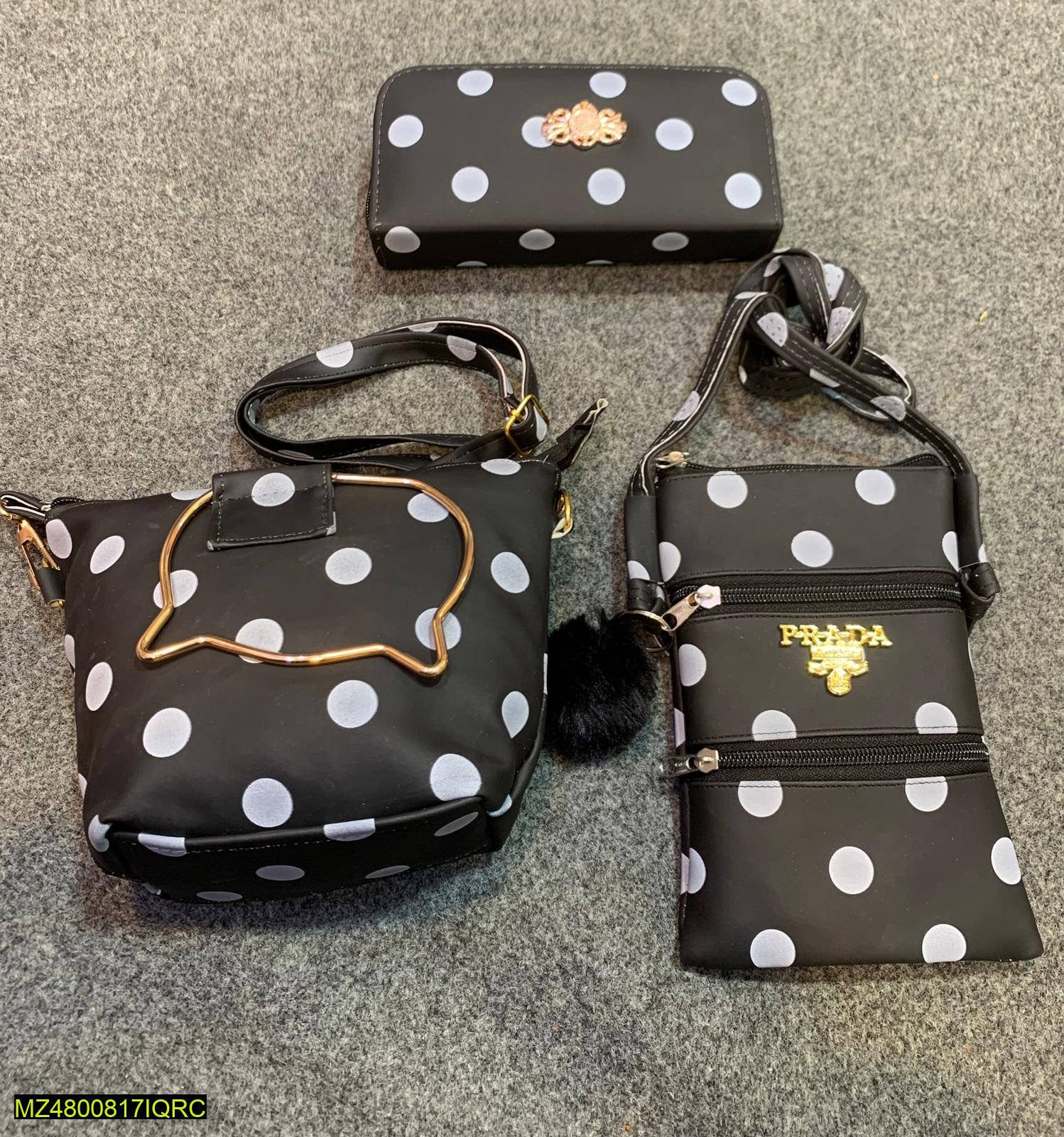 3 Pc Black Polka Dot Purse Set