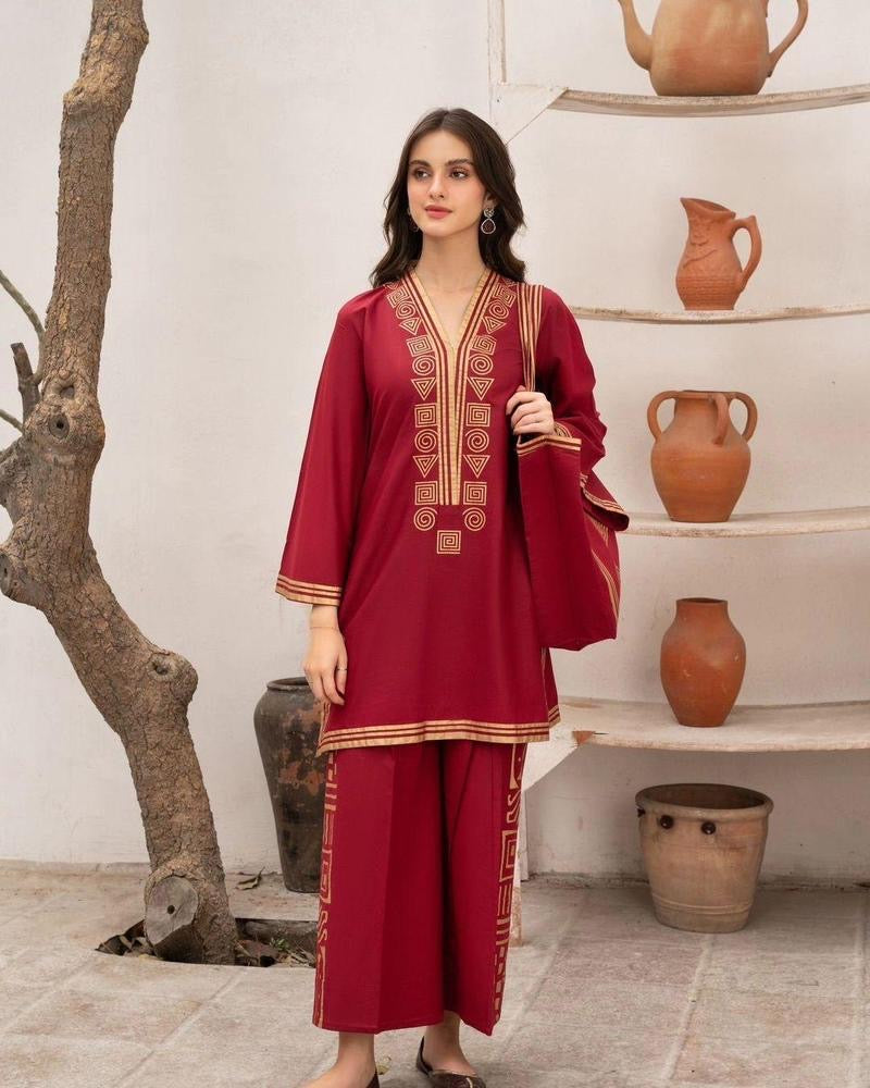 2 Pcs Women's Stitched Linen Printed Shirt And Trouser With Bag
