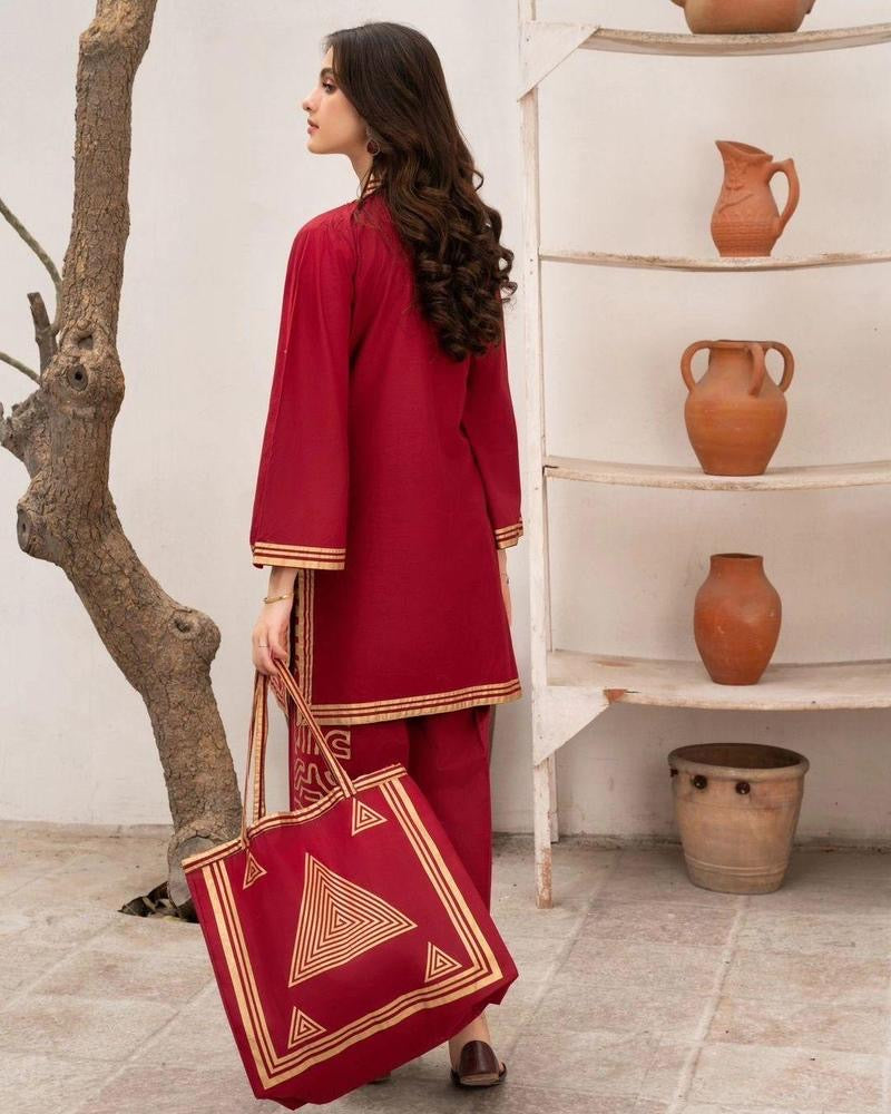 2 Pcs Women's Stitched Linen Printed Shirt And Trouser With Bag