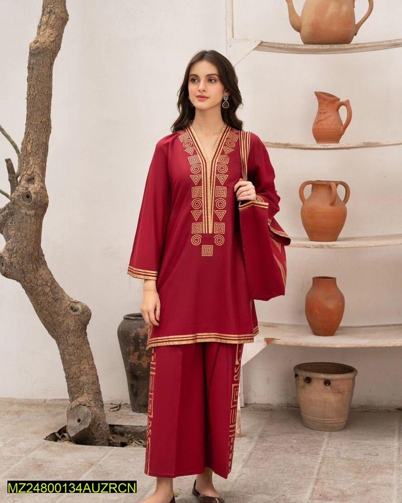 2 Pcs Women's Stitched Linen Printed Shirt And Trouser With Bag