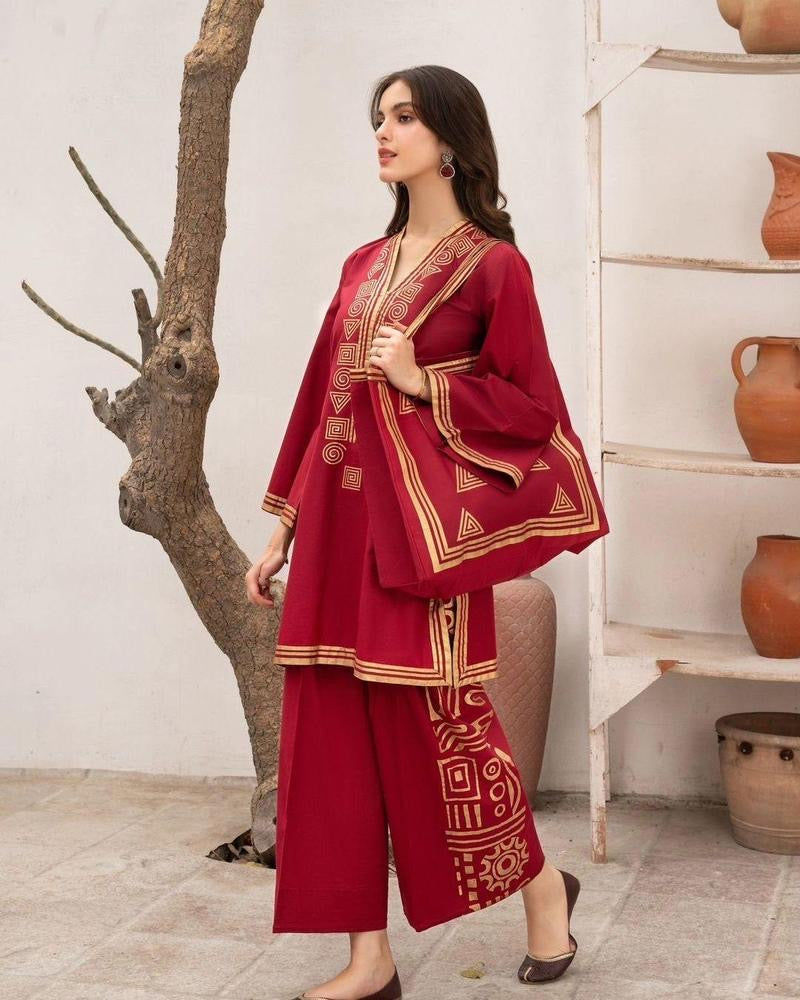 2 Pcs Women's Stitched Linen Printed Shirt And Trouser With Bag