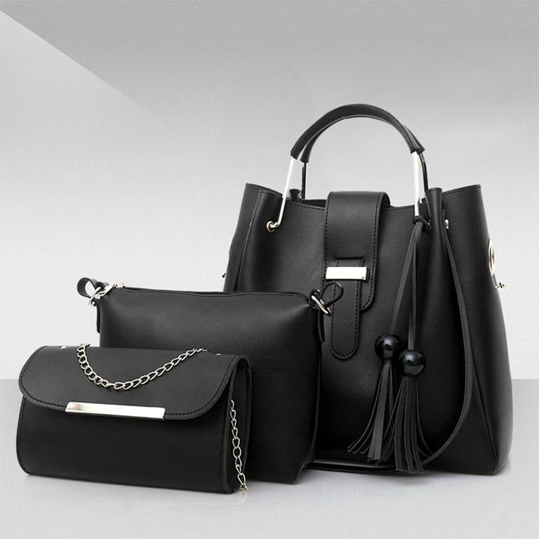 3 Pcs Women's Leather Plain Hand Bag Set