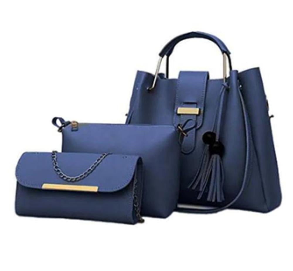 3 Pcs Women's Leather Plain Hand Bag Set