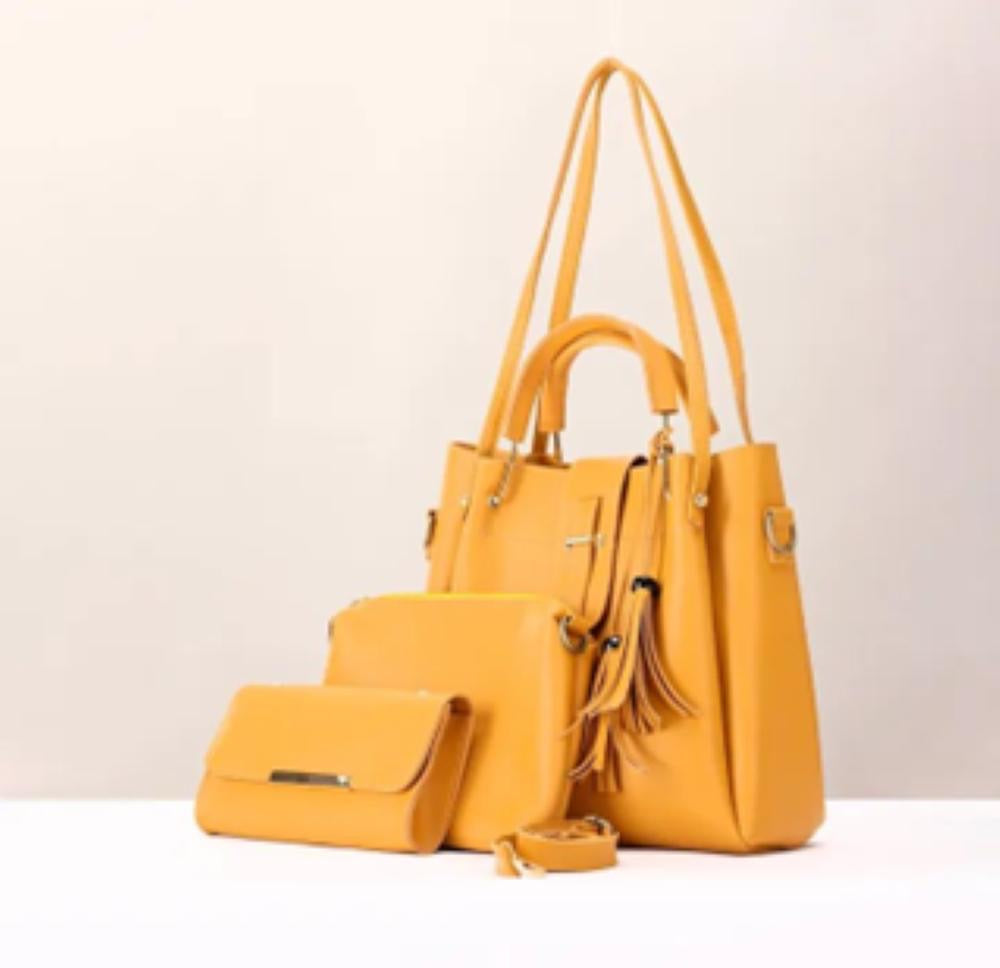3 Pcs Women's Leather Plain Hand Bag Set