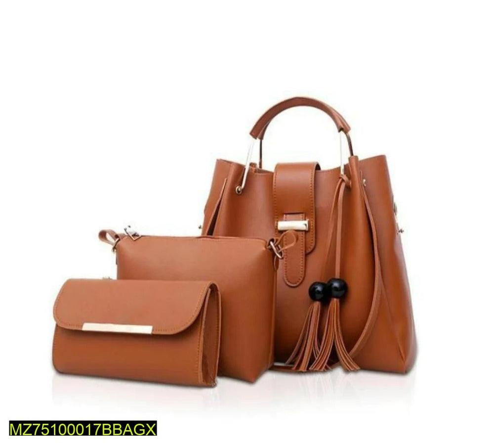 3 Pcs Women's Leather Plain Hand Bag Set
