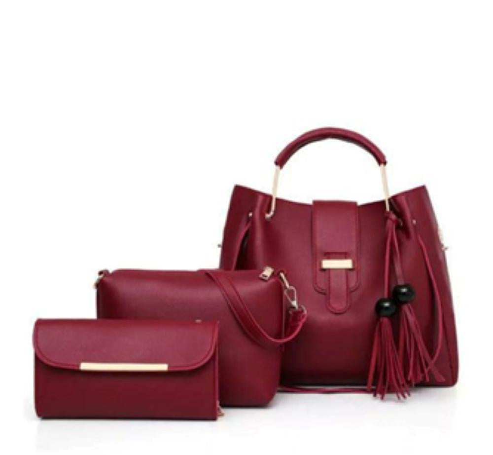 3 Pcs Women's Leather Plain Hand Bag Set