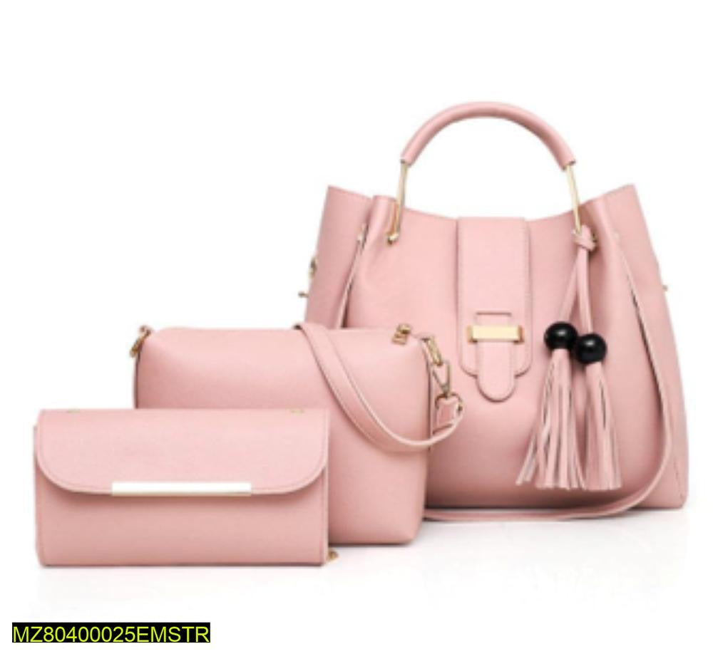3 Pcs Women's Leather Plain Hand Bag Set