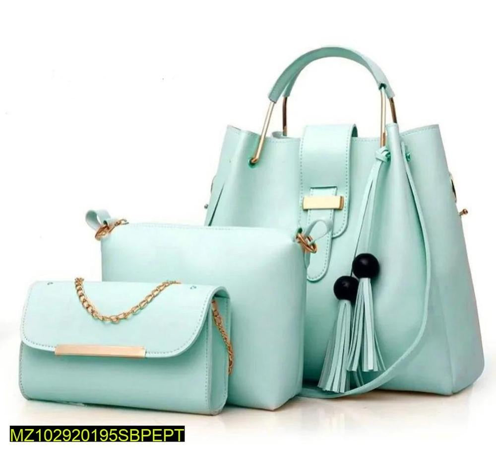 3 Pcs Women's Leather Plain Hand Bag Set