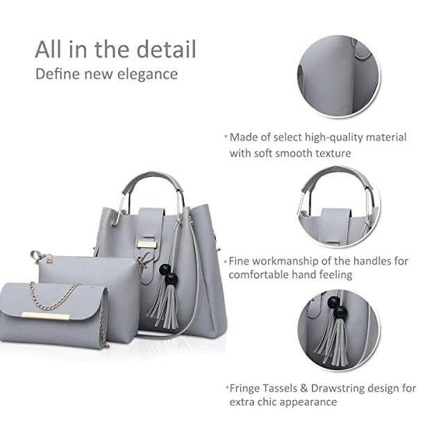 3 Pcs Women's Leather Plain Hand Bag Set